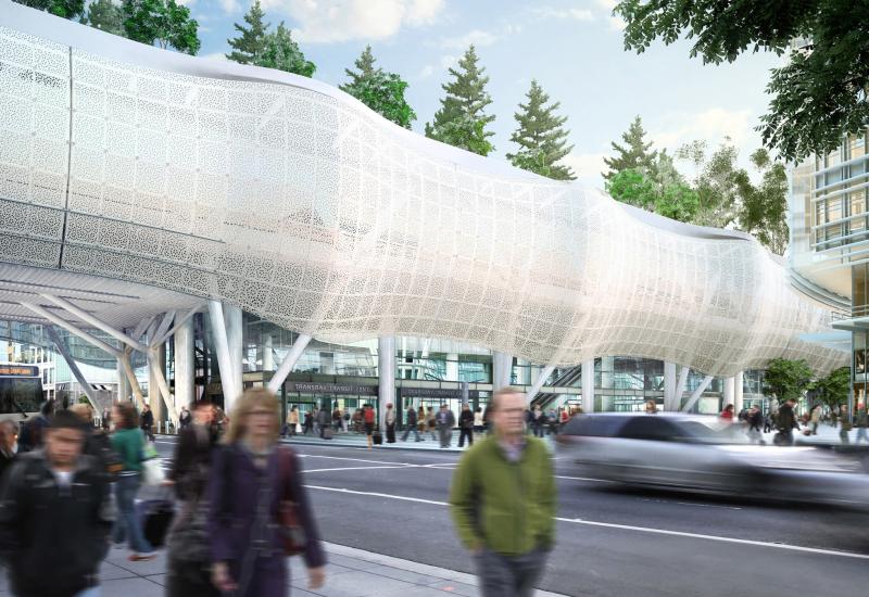 View of the new Transit Center from Fremont Street looking to Mission Square 